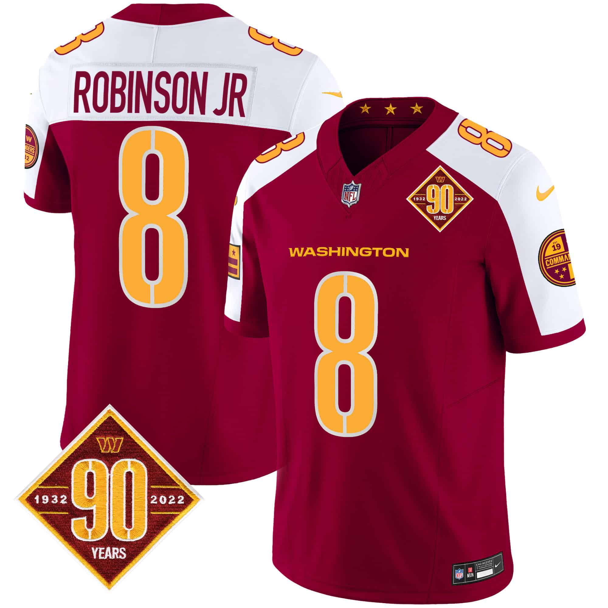 Men Washington Commanders 8 Robinson jr Red 90th Anniversary Patch 2024 Nike Vapor Limited NFL Jersey
